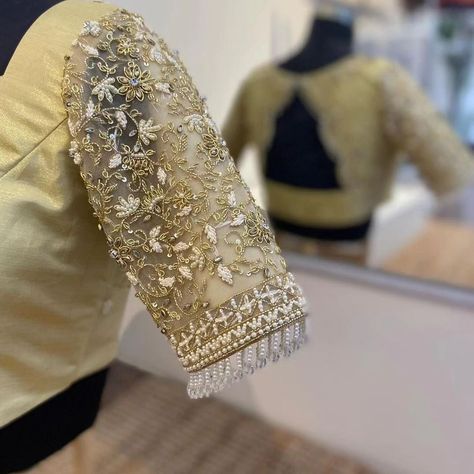 Golden Colour Blouse Aari Work Design, Golden Colour Aari Work Blouse, Wedding Blouse Aari Work Designs, Golden Blouse Aari Work, Golden Colour Blouse Design, Gold Colour Blouse Designs, Gold Blouse Designs, Wedding Blouses, Yoke Embroidery