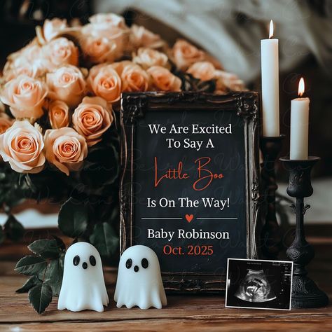 Let your loved ones know that you're expecting a little boo with our vintage Halloween pregnancy announcement. Our floral ghost baby announcement is a digital Canva template, self-editing, and makes the perfect gender-neutral little boo baby reveal. Congrats & enjoy! Please be aware that you will NOT receive a physical copy of the photo via mail. This is a square 2048px x 2048px (~21.33 x 21.33-inch) digital image that you'll be able to edit using the link from Canva. If you get stuck or have an Spooky Birth Announcement, Funny Baby Announcement, Halloween Baby Announcement, Baby Bump Pictures, Halloween Pregnancy Announcement, Floral Ghost, Baby Due Date, Goth Baby