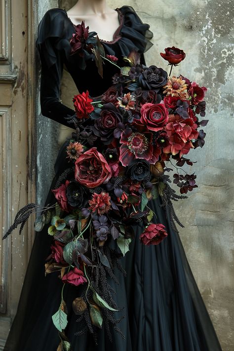 Black Cascading Bouquet, Dark Red Floral Arrangements, Goth Wedding Flowers, Persephone And Hades Wedding, Gothic Bouquet Wedding, Goth Flower Bouquet, Goth Wedding Bouquet, Pig Photoshoot, Gothic Wedding Flowers