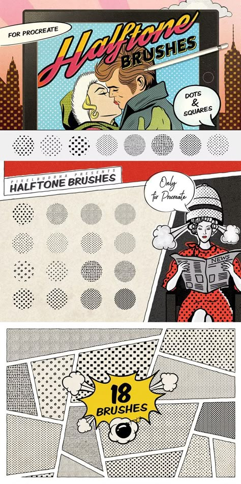 Dots & Squares Procreate Brushes Photoshop Comic Brushes, Halftone Graphic Design, Comic Dots, Retro Procreate, Halftone Comic, Halftone Photoshop, Comic Halftone, Halftone Poster, Halftone Graphic