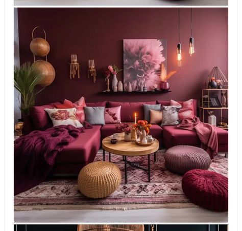 Burgundy Sofa Living Room Ideas, Maroon Living Room Ideas, Maroon Living Room, Purple Room Aesthetic, Purple Rooms, Pink Living Room, Red Decor, Brown Interior, Future Apartment