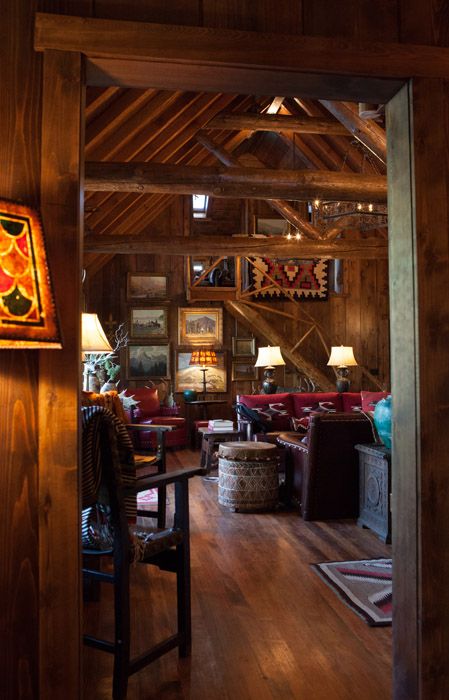 High-Castle | Idyllwild, CA. - built in 1928 - Cheryl Brantner Design - Photograph by Douglas Hill Western Lodge, Spanish Style Furniture, Maine Cabin, Lodge Lighting, Idyllwild Ca, Warm Fireplace, Old Western, High Castle, Lodge Cabin