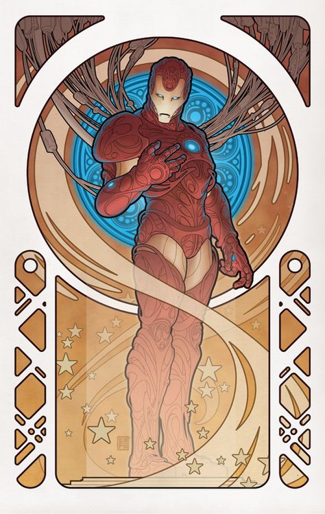 Superheroes in Art Nouveau Style: Iron Man by Johnny Tyler Christopher Art Deco Movie Posters, Marvel Movie Posters, Design Art Nouveau, Art Geek, Iron Man Art, Art Nouveau Poster, Bd Comics, Geek Art, Alphonse Mucha