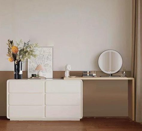 Vanity Chest Of Drawers, Built In Dressing Table, Small Bedroom Hacks, Stylish Bedroom Decor, Minimalist Living Room Decor, Dream Apartment Decor, Desk Dresser, Stylish Bedroom, Room Makeover Inspiration