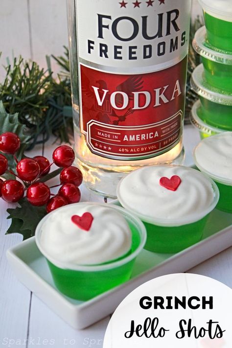 Shots With Whipped Cream, Grinch Jello Shots, Grinch Jello, Holiday Jello Shots, Christmas Jello, Christmas Jello Shots, Green Jello, Whipped Cream Vodka, Grinch Christmas Party