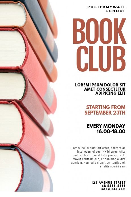 Book Club Flyer Design Template | PosterMyWall Book Advertisement Poster, Bookstore Flyer Design, Bookshop Poster Design, School Club Flyers, Club Advertising Ideas, School Club Flyer Design, Book Flyer Design, Book Club Poster Ideas, Book Club Flyer Ideas