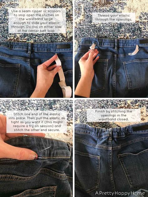 fix waistband gap on jeans with elastic Gap In Back Of Jeans, Fix Gap In Jeans, Jeans With Elastic Waistband, How To Fix Back Gap In Jeans, Diy Elastic Waistband Jeans, Alter Jeans Waistband, Adding Elastic To Jeans Waist, Altering Jeans Waistband Smaller, Resize Pants