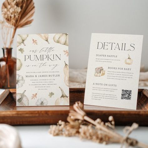 $2.77 | Rustic White Pumpkins All in One Baby Shower | Baby Shower Invitations | cute halloween baby shower, autumn baby shower, fall leaves, white pumpkins, our little pumpkin, is on the way, rustic earth tones, gender neutral fall baby shower, couples baby shower, qr code registry Baby Shower Couples, Gender Neutral Invitations, Pumpkin Invitation, Pumpkin Books, Fall Baby Shower Invites, Gender Neutral Baby Shower Invitations, Couples Baby Showers, Rustic Pumpkin, Ivory Background