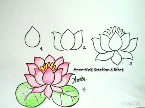 Draw A Lotus Flower, Flower Drawing For Kids, Trin For Trin Tegning, Drawing Videos For Kids, Easy Flower Drawings, Pencil Drawings Of Flowers, Flower Step By Step, Easy Drawing Steps, Easy Drawings For Beginners