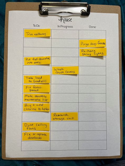 "This grid is sized to be used with colored sticky tabs (not included). Easily track the progress of your to do list by moving the tabs across the grid to the \"In Progress\" or \"Done\" column. Download includes pages titled Family, Work, Health, School, Personal, House and one blank grid. Super simple but very helpful system.I enjoy seeing completed tasks but don't like the look of crossing them out. Plus you can reorder items easily. I usually have these in a three hole binder or pinned on my bulletin board." To Do List Board, Goal Tracking Ideas, Organizing Your Day, Office Notes Ideas, Organizing To Do Lists, Visual To Do List, To Do List Planner, To Do Board, Study Binder