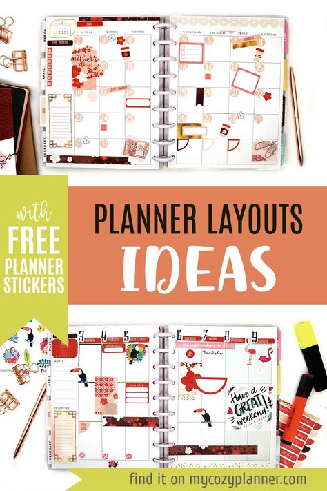 5 Happy Planner layout ideas with FREE stickers! | Monthly Printable Planner by  Myrna Allen Simple Happy Planner Spreads, Happy Planner Decorating Ideas, Happy Planner Ideas Inspiration, Happy Planner Inspiration, Happy Planner Monthly Layout Ideas, Happy Planner Layout Ideas, Planner Decorating Ideas, Happy Planner Layouts, Planner Layout Ideas