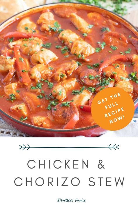 A rich and hearty Spanish-style chicken and chorizo stew recipe. Quick, easy, and on the table in just 30 minutes, making it an ideal meal for busy weeknights! Portuguese Chorizo Recipes, Chicken And Chorizo Recipes, Chicken Chorizo Stew, Spanish Chicken And Chorizo, Chorizo Stew, Chorizo Recipe, Chicken And Chorizo, Spanish Chorizo, Spicy Stew