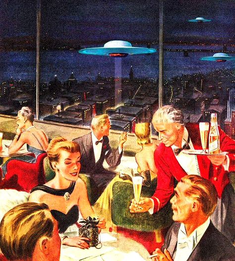 The U.F.O. Dinner Club Roger Wilkerson, Rooftop Dining, 50s Art, Miller High Life, Pulp Art, Vintage Party, Norman Rockwell, Vintage Life, High Life