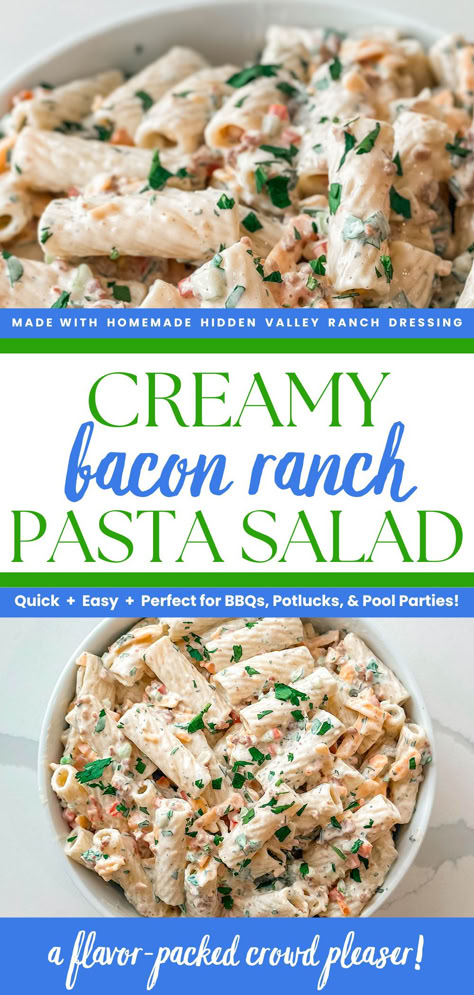 Craving a crowd-pleasing dish for summer BBQs? Try my Bacon Ranch Pasta Salad! Tender pasta, crispy bacon, and fresh veggies are tossed in a creamy ranch dressing for a flavor-packed, delicious pasta salad. Perfect for potlucks or a weekday treat, this easy pasta salad recipe will be your new favorite.#pastasaladrecipes #summersaladrecipes #CreamyPastaSalads #MacaroniSaladRecipes #SummerSalads Penne Pasta Salads, Bacon Ranch Pasta, Bacon Ranch Pasta Salad, Creamy Pasta Salads, Cold Pasta Salad Recipes, Ranch Pasta Salad, Ranch Pasta, Easy Pasta Salad Recipe, Cold Pasta Salad