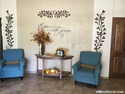 Pastor Office Decor Ideas, Church Lobby Design, Church Welcome Center, Foyer Wall Decor, Church Wall Decor, Sanctuary Decor, Church Entrance, Church Foyer, Church Lobby