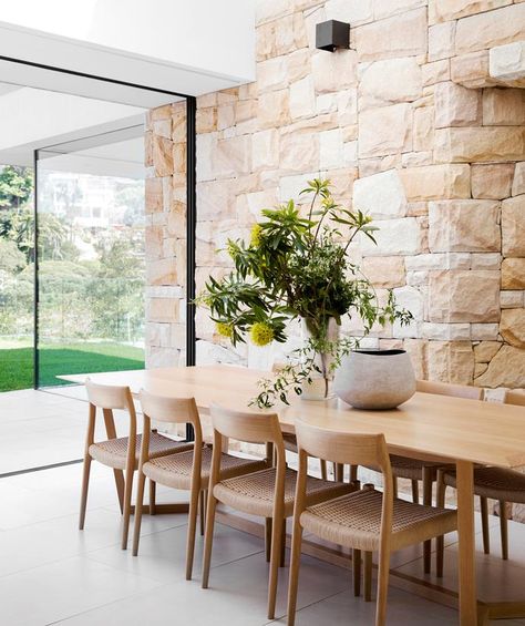 Formal Dining Room Sets, Stone Feature Wall, Sandstone Wall, Pavilion Design, Cottage Renovation, Melbourne House, Bay House, Australian Homes, Dining Room Walls