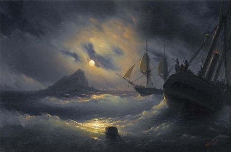 Ivan Aivazovsky. - Gibraltar in the night. 1844 Ivan Aivazovsky, Art Merchandise, Pirate Adventure, Japanese Poster, Shopping Items, Wristlets, Jigsaw Puzzle, Jigsaw Puzzles, Cute Art