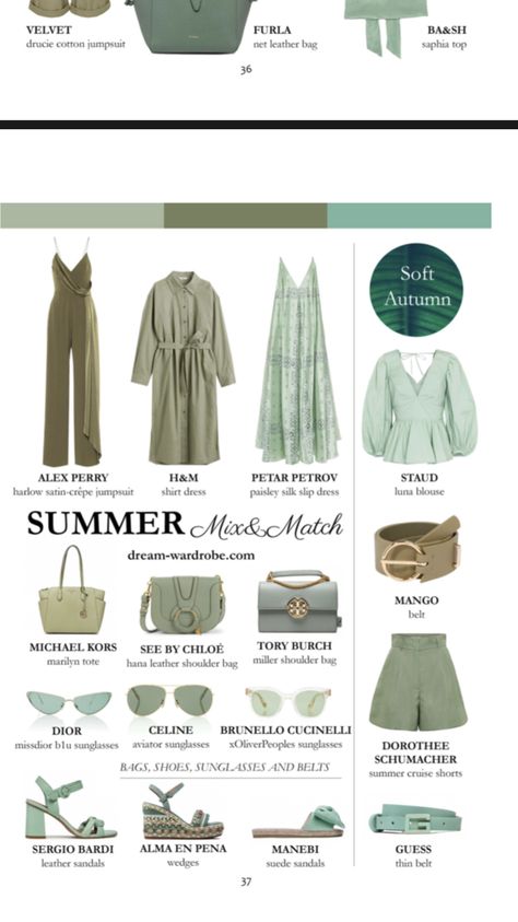 Soft Autumn Color Palette Outfits Summer, Soft Autumn Swimwear, Soft Autumn Outfits For Summer, Soft Autumn Romantic, Soft Autumn Green, Soft Autumn Summer Outfits, Soft Summer Fall Outfits, Soft Autumn Outfits Capsule Wardrobe, Soft Autumn Clothes