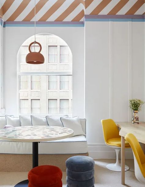 Tali Roth and Tina Rich Join Forces to Create a Shared Office that Blends the Best of Both Their Styles | Architectural Digest Tali Roth, Shared Workspace, Brick Archway, Stripe Wall, Ceiling Trim, Painted Stripes, Arched Headboard, Shared Office, Room Of One's Own