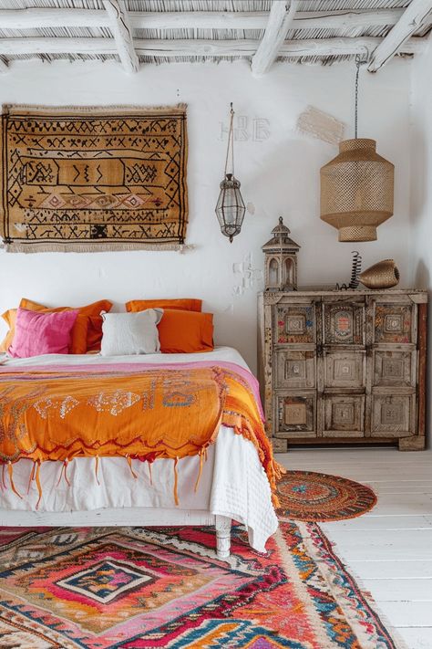 Red Boho Bedroom, Orange Boho Bedroom, Santa Fe Bedroom, Donkey House, Moroccan Bedroom Ideas, Southwest Bedroom, Moroccan Inspired Bedroom, Bedroom Guide, French Style Bedroom