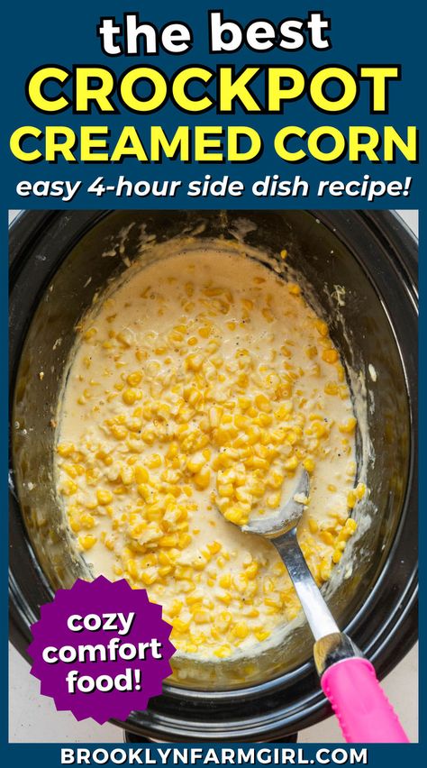 a bowl of a slow cooker filled with corn in a creamy sauce Vegetables Crockpot, Cream Corn Crockpot, Cheesy Creamed Corn, Supper Sides, Cheesy Corn Casserole, Slow Cooker Creamed Corn, Comfort Meals, Corn Side Dish, Creamed Corn Recipes