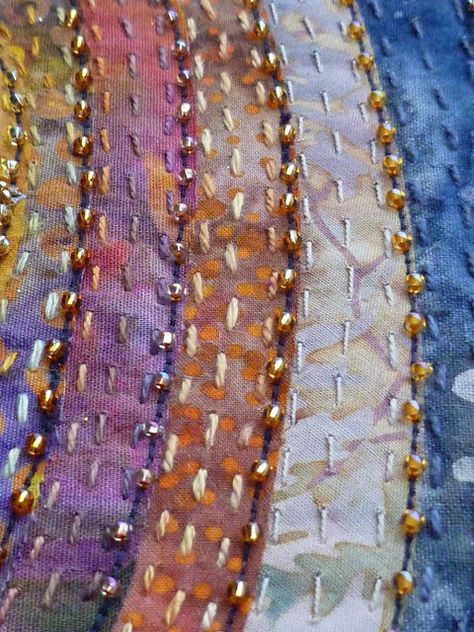 Journal Quilts, Fiber Collage, Surface Ornamentation, Couching Stitch, Crazy Quilt Stitches, Embroidery Beads, Alabama Chanin, Crazy Patchwork, Go For A Walk