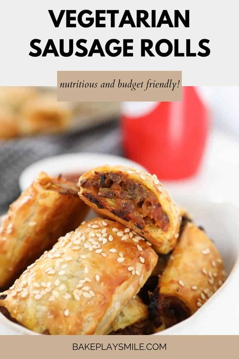 With flaky puff pastry wrapped around a lentil, vegetable and cheese filling, these vegetarian sausage rolls are a delicious party snack or lunchbox idea that both vegetarians and meat-eaters love. On the table in just 45 minutes, they are great for making ahead and freezing too. #vegetarian #sausagerolls #lentils #budgetfriendly #snack Vegetarian Pastries, Vegetarian Sausage Rolls, Sausage Roll Recipe, Vegetarian Sausage, Vegan Sausage Rolls, Recipe Mushroom, Sausage Rolls Recipe, Vegetarian Sausages, Veggie Sausage