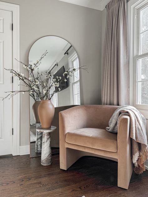 Mirror Corner With Chair, Full Length Mirror In Bedroom Decor, Tall Mirror Decor, Condo Goals, Ironing Room, Target Chair, Full Length Mirror In Bedroom, Mirror Decor Ideas, Side Table Styling