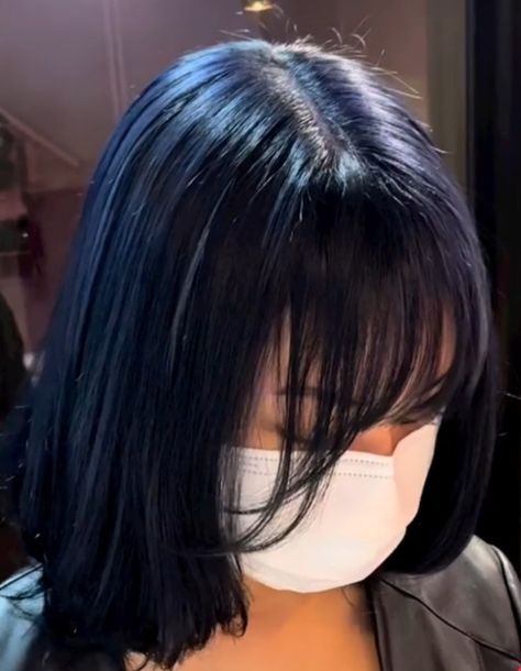 ig~ _hinaboo_ #blueblackhair #bluehair #navyhair #darkhair #hairdye #bobhaircut #bobstyle #bangs #curtainbangs #wispy bangs Blue Black Hair With Curtain Bangs, Blueblackhair Color, Blue Black Hair With Bangs, Dark Blue Hair With Bangs, Blue Hair With Bangs, Blue Hair Bangs, Jet Black With Bangs, Jet Black Bob With Bangs, Blue Black Hair Color