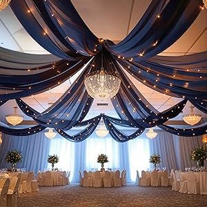 Black And Blue Wedding Theme, Ceiling Decoration Ideas, Birthday Party Decorations Blue, Drapes For Wedding, Star Themed Wedding, Winter Gala, Ceiling Drapes, Patriotic Wedding, Party Arch