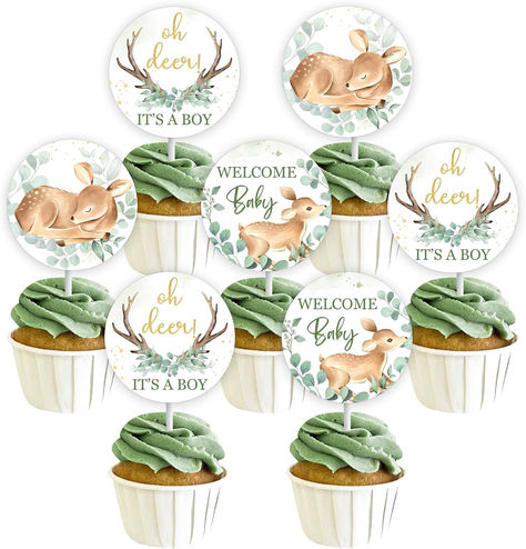 Deer Baby Shower Decorations for Boy, 24 Pieces Oh Deer It’s A Boy Cupcake Toppers, Welcome Baby Cupcake Picks Green, Deer Woodland Animal Baby Shower Party Supplies #ad #ohdeer #itsaboy #boybabyshower #babyshower #babyshowercupcakes #babyshowerideas #babyshowertheme #babyshowersupplies #cupcaketoppers #babyshowercupcaketoppers #ohdeer #ohdeeritsaboy Oh Deer Baby Shower Ideas, Deer Baby Shower Ideas, Deer Themed Baby Shower Boys, Oh Deer Baby Shower Boy, Deer Baby Shower Boy, Hunting Baby Shower Theme, Deer Baby Shower Decorations, Baby Shower Cupcakes For Boy, Hunting Baby