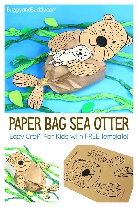 Paper Bag Sea Otter Craft for Kids with Free Printable Template - Buggy and Buddy Sea Otter Craft, Sea Life Crafts, Baby Sea Otters, Paper Bag Crafts, Easy Arts And Crafts, Wine Bottle Diy Crafts, Ocean Crafts, Animal Crafts For Kids, Mason Jar Crafts Diy