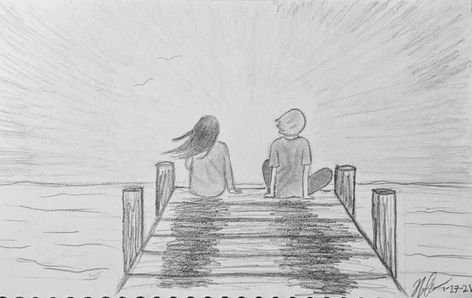 Beach Sketches Pencil, Pier Drawing Simple, Couple Watching Sunset Drawing, Watching Sunset Drawing, Sunset Drawing Pencil Sketch, Sketch Sunset, Sunset Sketch, Boy And Girl Sketch, Boy And Girl Drawing