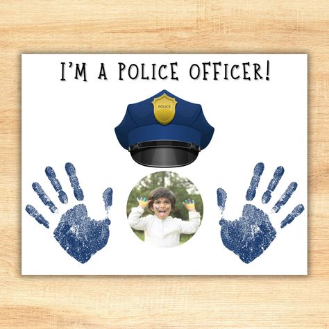 Need a cute Preschool police craft? We've got you covered! Our hero handprint art makes for an easy and fun police officer keepsake when learning about community helpers! This law enforcement baby handprint art is a great tool to use as preschool activities, or just fun at home! How it works: -Purchase -Download -Print -Cut out a photo and glue it on, or have your child draw a picture in that space instead! -Stamp child's handprints or footprints to create a cute keepsake! It's simple, and so ea Police Books For Preschool, Craft For Community Helpers, Community Helper Footprint Craft, Community Helpers Handprint Art, Police Officer Crafts For Toddlers, Community Helpers Infant Crafts, Community Helpers Art Activities, Police Preschool Crafts, Police Activities For Toddlers