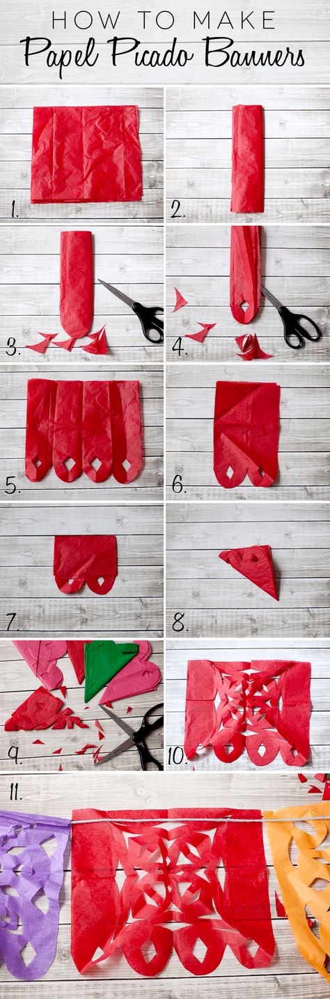 Decorate a Mexican fiesta or for a Cinco de Mayo party with DIY Papel Picado Banners. A few sheets of tissue paper and string are all you need to make a colorful and festive splash! Click over to read all the how-to details for these easy-to-make Mexican banners. Picado Banner, Banner Diy, Mexican Fiesta Party, Mexican Birthday, Halloween Fest, Fiesta Theme Party, Mexican Party Theme, Fiesta Theme, Fiesta Birthday