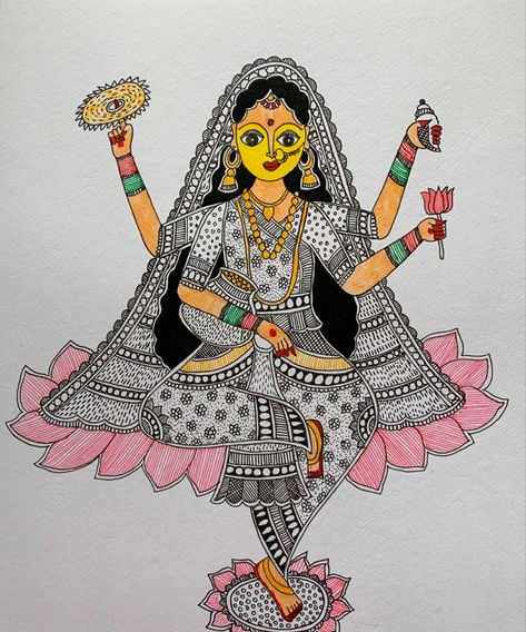 Navaratri Drawings, Madhubani Embroidery, Thanjavur Painting, Nav Durga, Saraswati Mata, Abs Art, Mithila Art, Maa Lakshmi, Mithila Painting