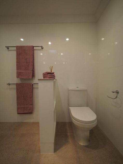 Toilet suite concealed behind nib wall and shelves Toilet Privacy Wall With Shelves, Bathroom Nib Wall Toilet, Toilet Nib Wall, Tiny Ensuite, Hidden Toilet, Laundry Ideas, Bathroom Vanity Designs, Half Walls, Master Ensuite