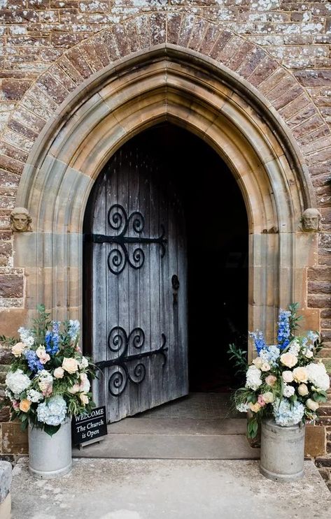 Chapel Door Wedding Decor, Wedding Milk Churn, Church Door Wedding Decorations, Church Wedding Decorations Aisle Entrance, Small Church Wedding Decorations, Church Flowers Wedding, Church Pew Flowers, Chapel Flowers, Country Church Wedding