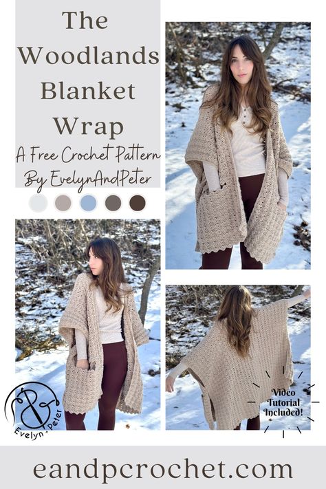 The Woodlands Blanket Wrap Crochet Pattern - Evelyn And Peter Crochet Crochet Wrap Pattern Free, Ruana Pattern, Crocheted Sweaters, Wrap Crochet Pattern, Crochet Shawl Patterns, Crochet Coats, Yarn Clothes, Woodland Blanket, Crochet Wrap Pattern