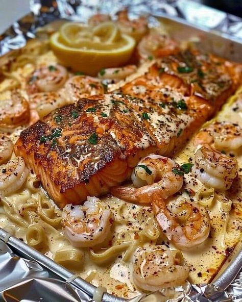 Best Delicious Recipes 🥩😍 | Exciting Salmon & Shrimp Alfredo Recipe You'll Love | Facebook Salmon Shrimp Alfredo, Shrimp And Chicken Alfredo Pasta, Shrimp For Alfredo Pasta, Alfredo Pasta With Salmon, Salmon And Shrimp Alfredo Pasta, Salmon And Shrimp Recipes, Salmon And Shrimp Alfredo, Shrimp Alfredo Recipe, Salmon Pasta Recipes