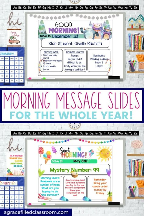 Two morning message digital slides Morning Meeting Board, Morning Message Kindergarten, Classroom Meetings, Morning Meeting Activities, Morning Board, Responsive Classroom, First Year Teaching, Morning Meetings, Morning Message