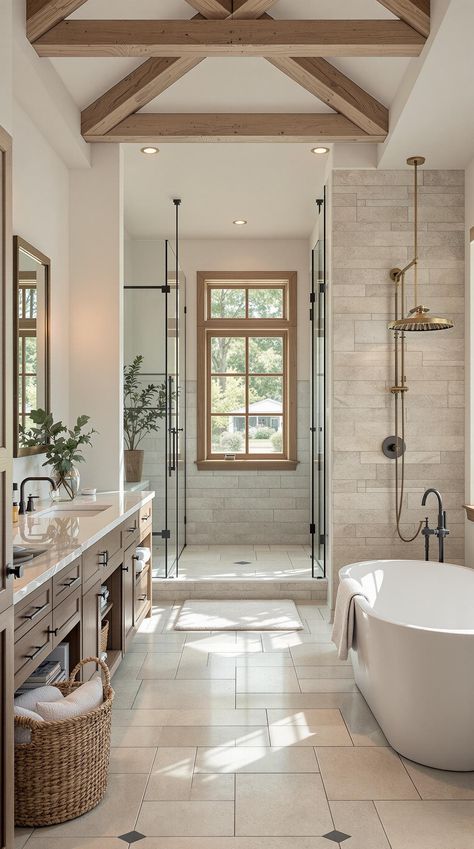 Modern Farmhouse Interior Farmhouse Chic Bathroom Modern, Big Farmhouse Bathroom, Modern Rustic Primary Bathroom, Modern Farmhouse Bathroom With Tub, Farmhouse Master Bath Remodel, Modern Farmhouse Bathroom Ideas Design Master Bath, Modern Rustic Master Bath, Australian Farmhouse Interior, Barndominium Master Bath