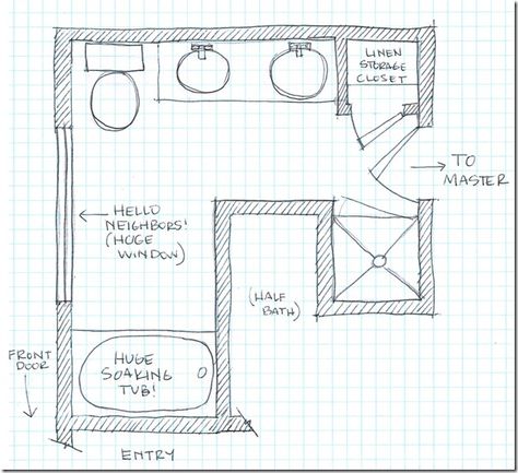 Master Bathroom Floorplan Sketch _ patti - when we start talking your master remodel, keep this layout in mind. Floor Plans Sketch, Bathroom Floorplan, L Shaped Bathroom, Floor Plan Sketch, Affordable Bathroom Remodel, Bathroom Layout Ideas, Bathroom Layout Plans, Basement Bathroom Remodeling, Simple Bathroom Remodel