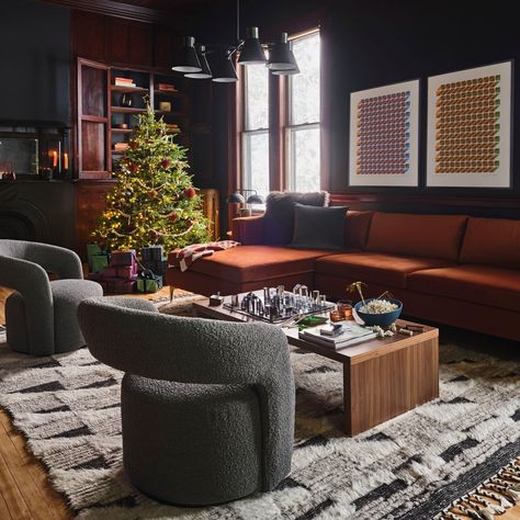 How to Transform Your Home This Winter with Simple Modern Furniture and Decor Updates | Architectural Digest Holiday Living Room, Swivel Club Chairs, Upholstered Chaise, Walnut Dining Table, Create Decor, Leather Dining, Club Chair, Barrel Chair, Modern Furniture Living Room