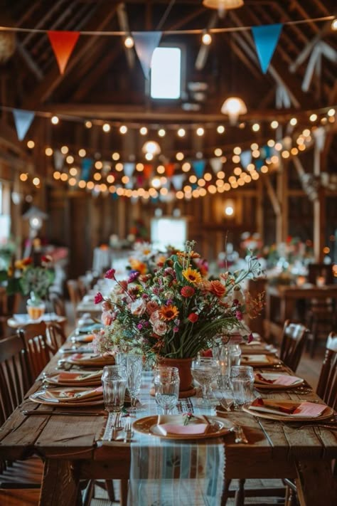 29 Boho Wedding Ideas for a Dreamy Celebration 16 Family Style Wedding Table Decor, Spring Color Theme Wedding, Colorful Rustic Wedding Decor, Rustic Spring Wedding Decor, November Wedding Decorations, Rustic Spring Wedding Ideas, Boho Reception Decor, Boho Rustic Wedding Decor, Rainbow Wedding Decor