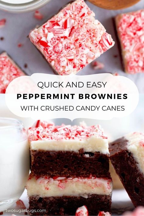 Frosted Peppermint Brownies are a quick make ahead treat for the holidays! An easy buttercream topping with candy canes give the fudge brownies a perfect mint flavor! ~ Recipe on twosugarbugs.com Frosted Peppermint Brownies, Brownies With Peppermint Frosting, Peppermint Cheesecake Brownies, Peppermint Brownies Easy, Candy Cane Brownies, Frosted Brownies Recipe, Brownie Icing, Peppermint Brownies Recipe, Peppermint Frosting