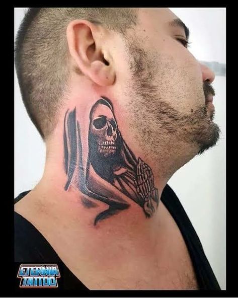 Reaper Neck Tattoo, Grim Reaper Neck Tattoo, Unique Neck Tattoos, Grim Reaper Tattoo, Reaper Tattoo, Chicano Art Tattoos, Neck Tattoos, Car Window Decals, Chicano Art