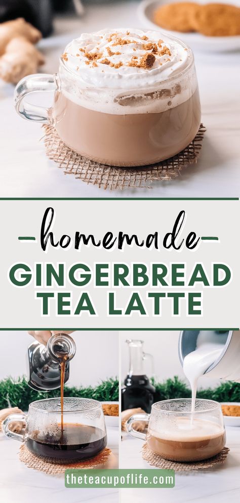 This gingerbread tea latte is made with a full-bodied black tea, homemade gingerbread syrup, milk froth and whipped cream. Wrap yourself in comfort and warmth over the holidays with the notes of dark molasses and zesty ginger for a sweet and spicy indulgence. Gingerbread Tea, Tea Homemade, Gingerbread Syrup, Tea Latte Recipe, Ginger Molasses, Homemade Gingerbread, Gingerbread Latte, Frothing Milk, Latte Recipe