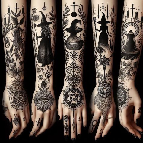 You know what's worse than having a messed up tattoo design on your skin forever? Getting called out about that epic fail online. Hecate Tattoo Symbols, Witchy Sleeve Tattoo, Dark Witch Tattoo, Witchy Hand Tattoos, Witchy Tattoo Designs, Witch Tattoo Ideas, Epic Tattoos, Natur Tattoo Arm, Thumb Tattoos