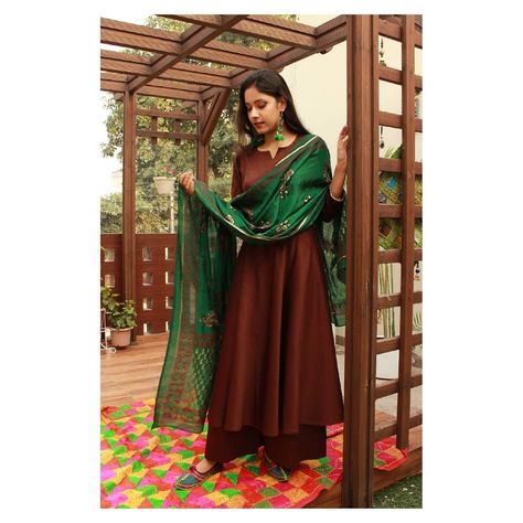 Chocolate brown cotton satin long dress and palazzo adorned with printed  silk dupatta . . . . . .#heerfirangi #heeeriye #heeriyedilohri… Plazzo Dress, Satin Long Dress, Satin Dress Long, Brown Satin, Silk Dupatta, Printed Silk, Chocolate Brown, Silk Printing, Long Dress